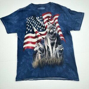 Vintage 3D Tees The Mountain Wolf American Flag Patriotic T Shirt Size M Blue